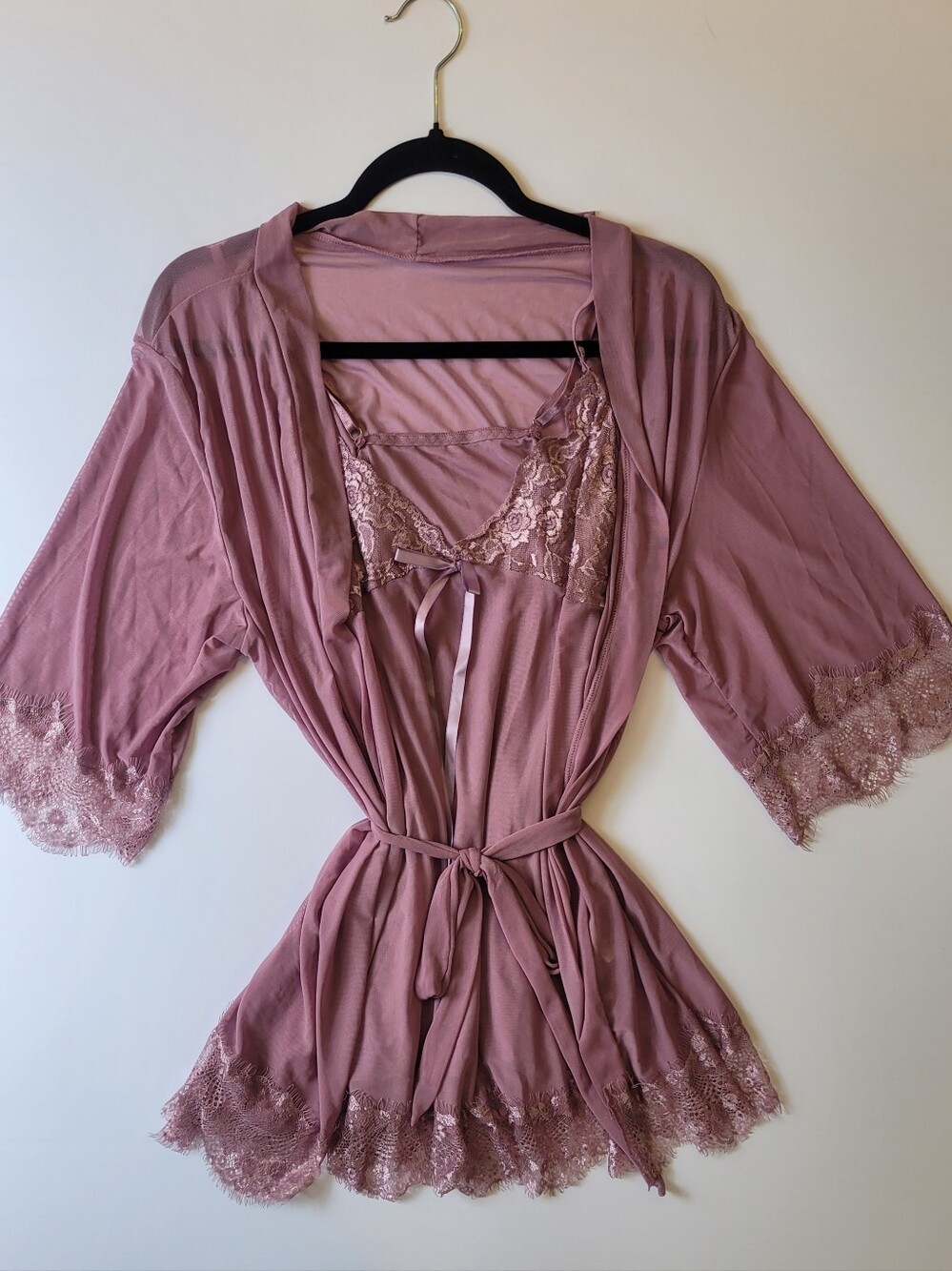 SHEIN Plus Dusty Pink Mesh & Lace Robe & Camisole Set 3XL